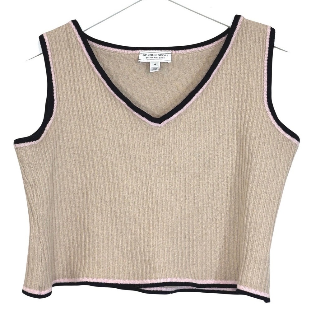 St. John Sport Marie Gray Wool Blend Ribbed V-Neck‎ Sweater Vest Beige Pink M